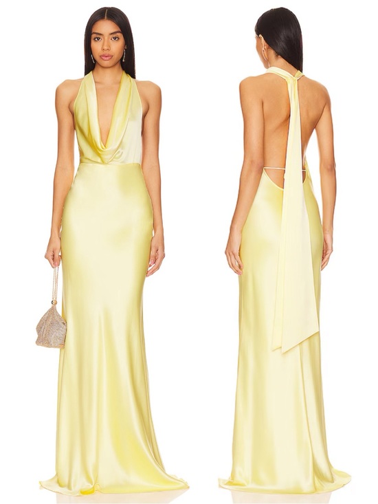 Sau Lee Dresses & Skirts - SAU Lee Pearl Plunging Cowl Neck Satin Gown Popcorn Yellow NEW with tags